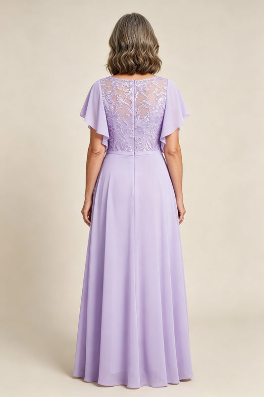 Lilac Scoop Neck Flutter Sleeve Lace Appliques Chiffon Mother Dresses