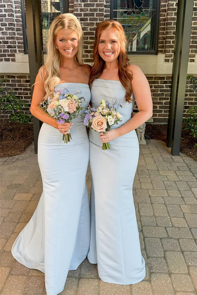 Strapless Light Blue Long Pleated Satin Mermaid Bridesmaid Dresses