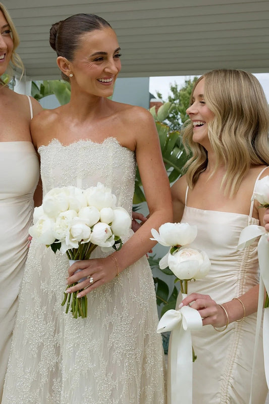 Spaghetti Straps Ivory Satin Ruched Bridesmaid Dresses with Slit