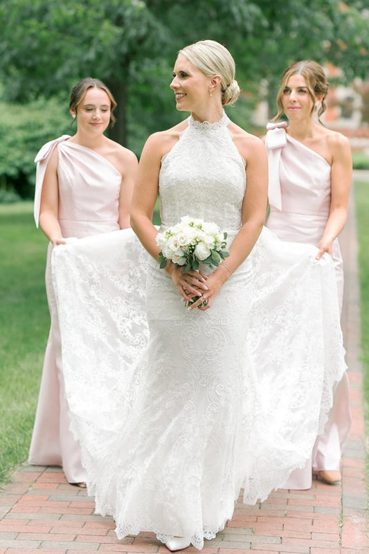 One Shoulder Pearl Pink Satin Mermaid Bridesmaid Dresses with Bow