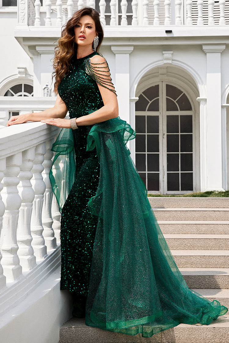 Emerald Green Velvet Sequin Mermaid Prom Dresses with Tulle Train