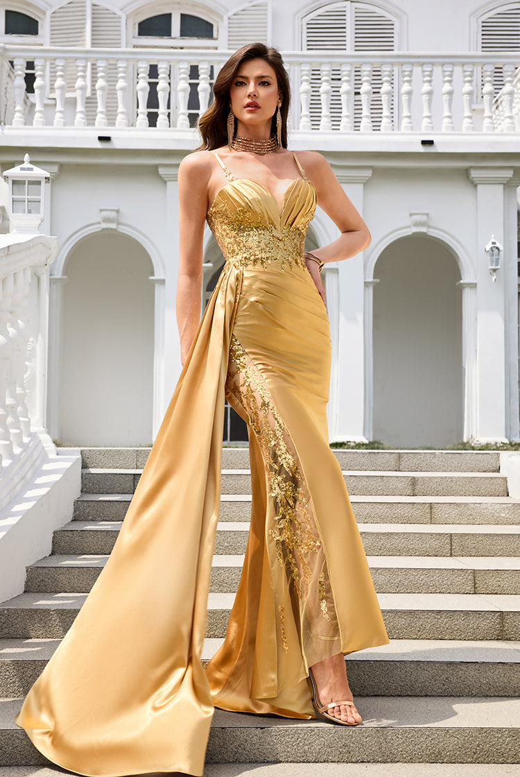 gold mermaid sweetheart prom dress Gold Mermaid Prom Dress Strapless Sweetheart Sheer Illusion Boned Corset Gold Baroque Scroll Lace Embroidery 3D Micro Floral Rhinestone High Split Sweep Train with Matching Gold Cathedral Veil