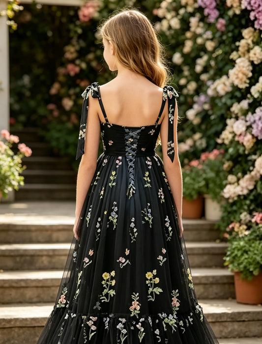 Black Floral Embroidery Tulle Flower Girl Dress with Tie Straps