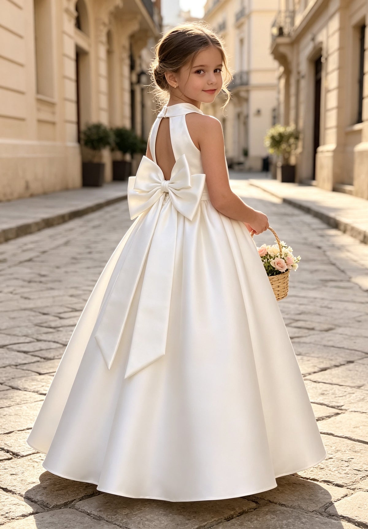 Elegant Halter Neck Satin A-Line Flower Girl Dress with Pearl Waistband and Back Bow
