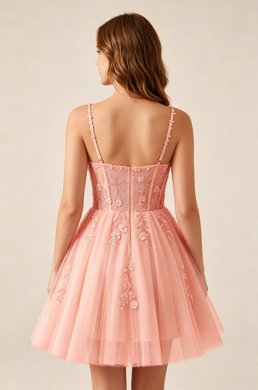 Blush Pink Sequin Corset Sleeveless Short Tulle Homecoming Dresses