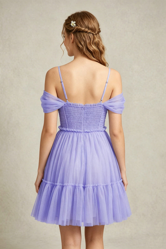 Cold Shoulder Lilac Tulle Dresses with Corset Bodice and Lace Appliques