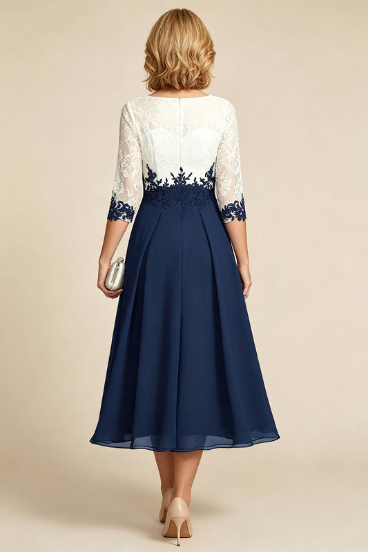 Navy Blue 3/4 Sleeve Two-Tone Lace Chiffon Mother Dresses