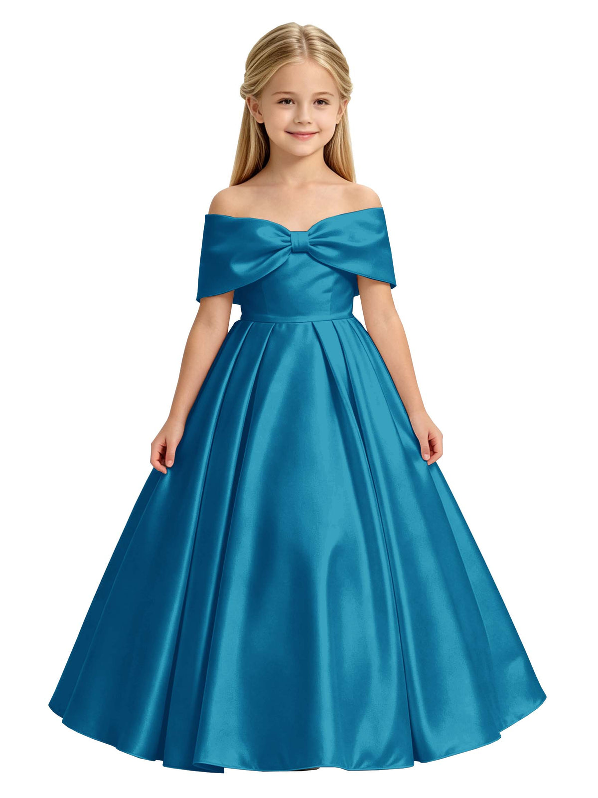 Off-the-Shoulder Satin Ball Gown Flower Girl Dress with Big Back Bow
