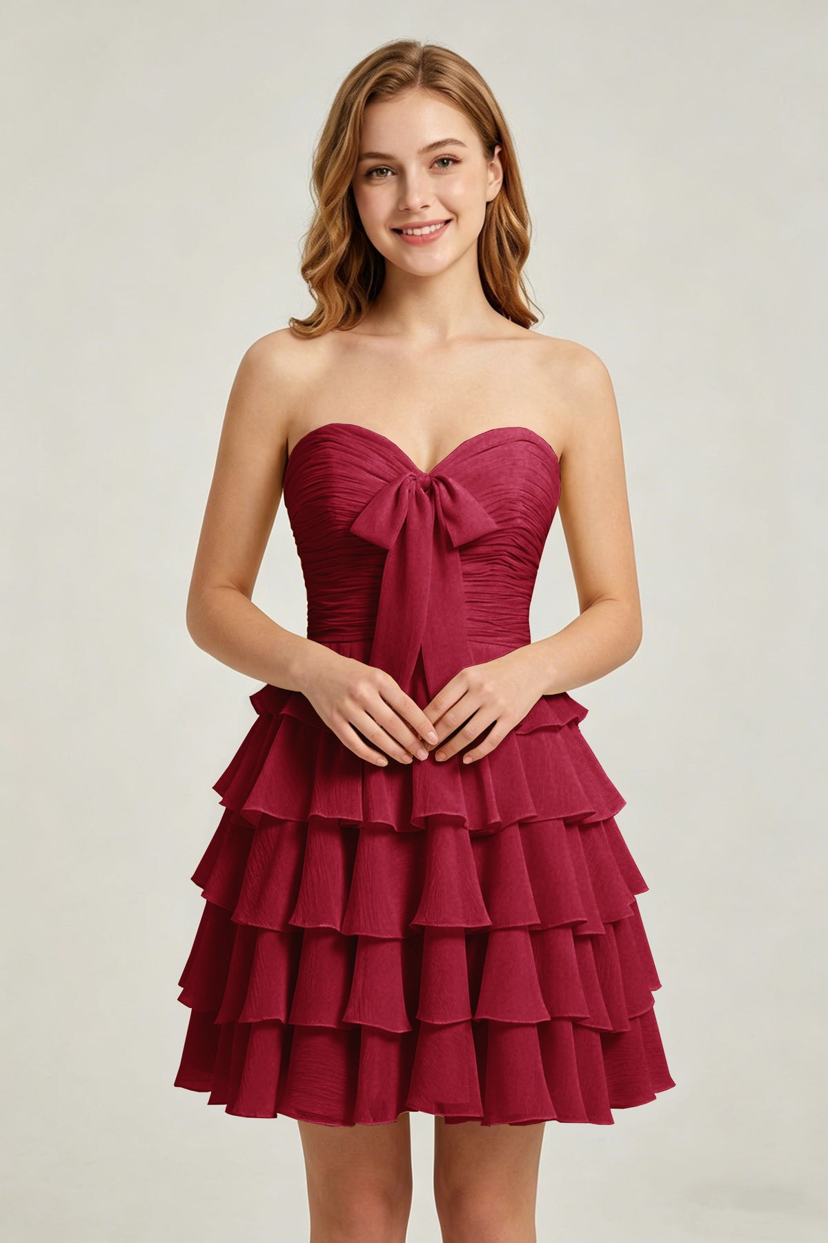 Strapless Yellow Chiffon Tiered Short Homecoming Dresses with Bow