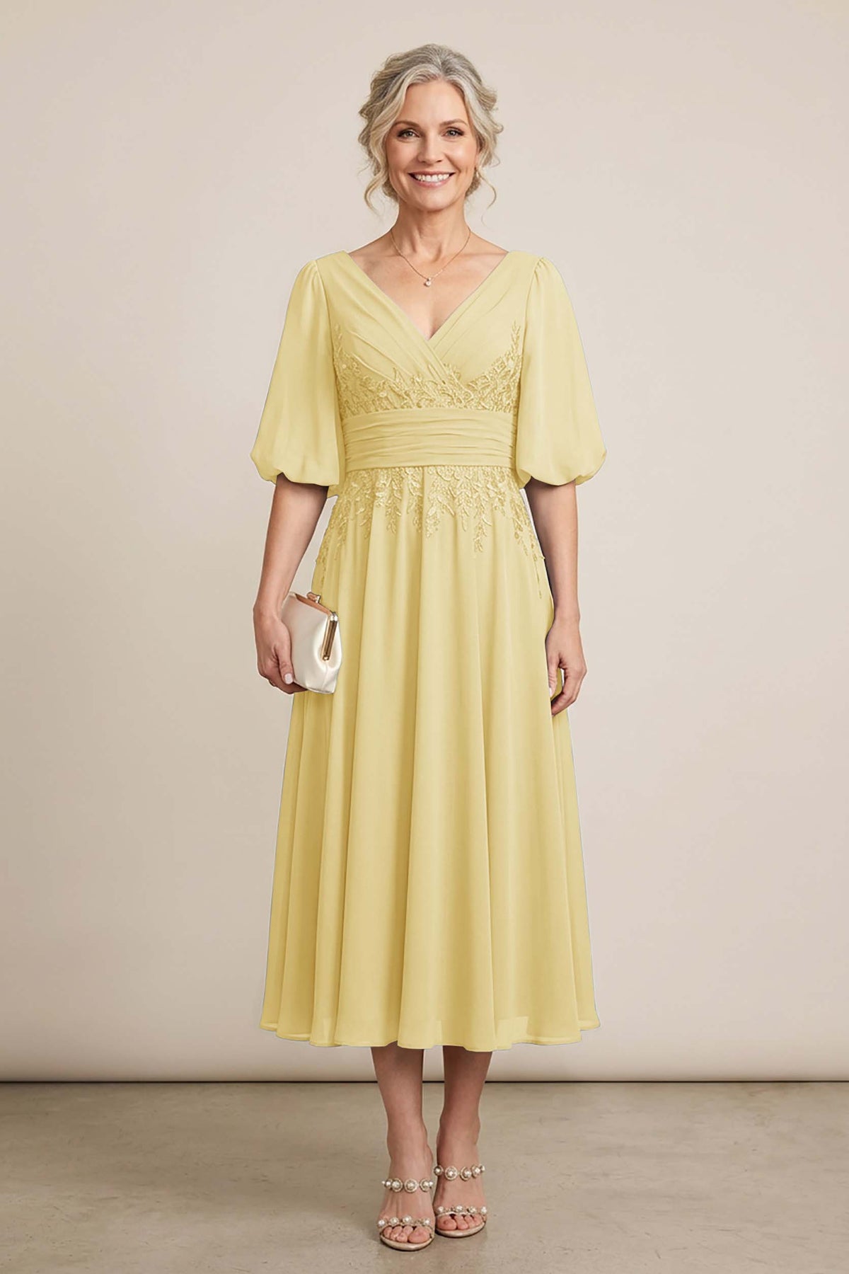 Dusty Blue V-Neck Lace Chiffon Tea-Length Mother Dresses