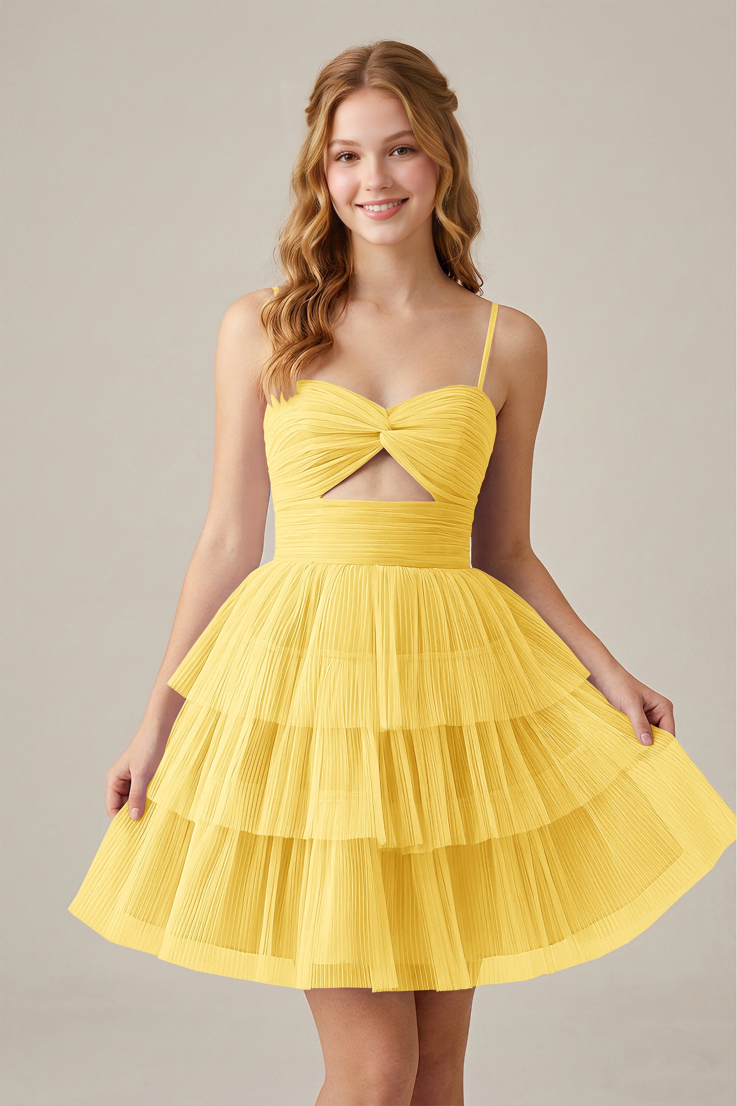 Olive Green Sleeveless Pleated Tulle Cutout Tiered Homecoming Dresses