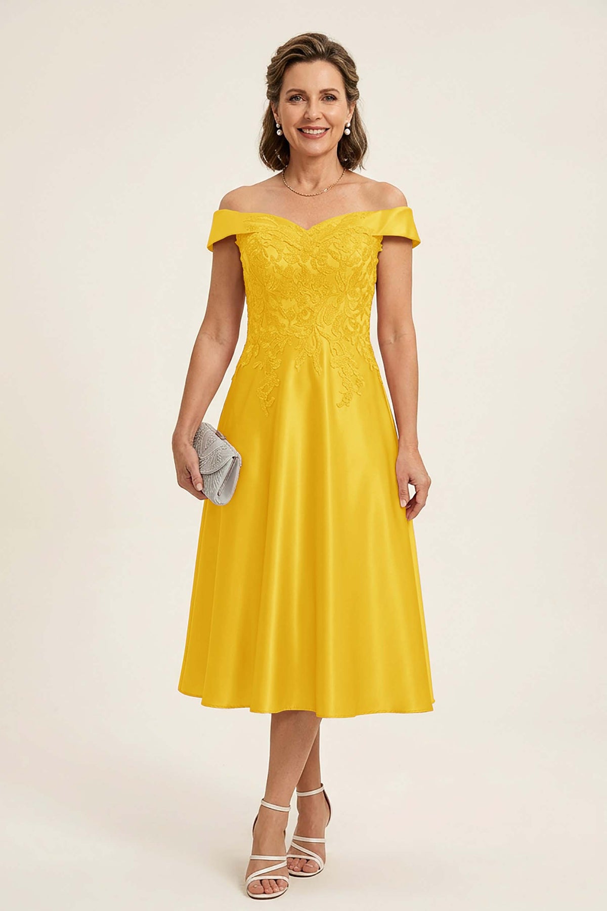 Peach Pink Off Shoulder Imitation Stretch Satin Tea-Length Mother Dresses