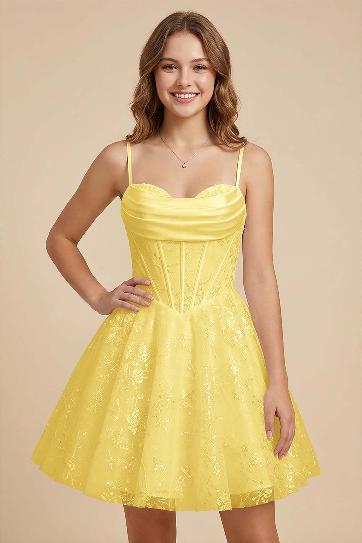 White Cowl Neck Sequin Satin Corset Homecoming Dresses