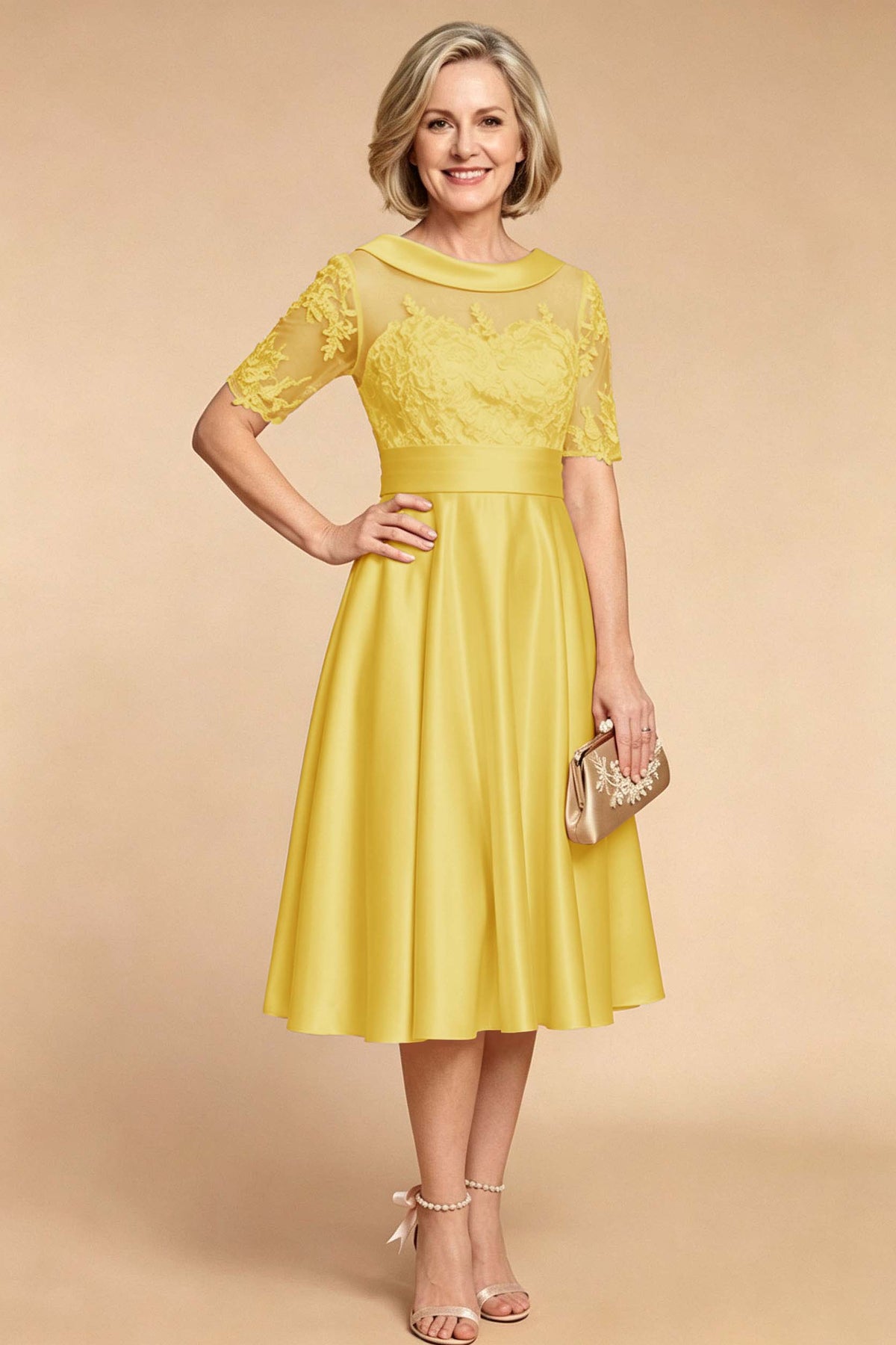 Champagne Imitation Stretch Satin Elbow Sleeve Tea-Length Mother Dresses