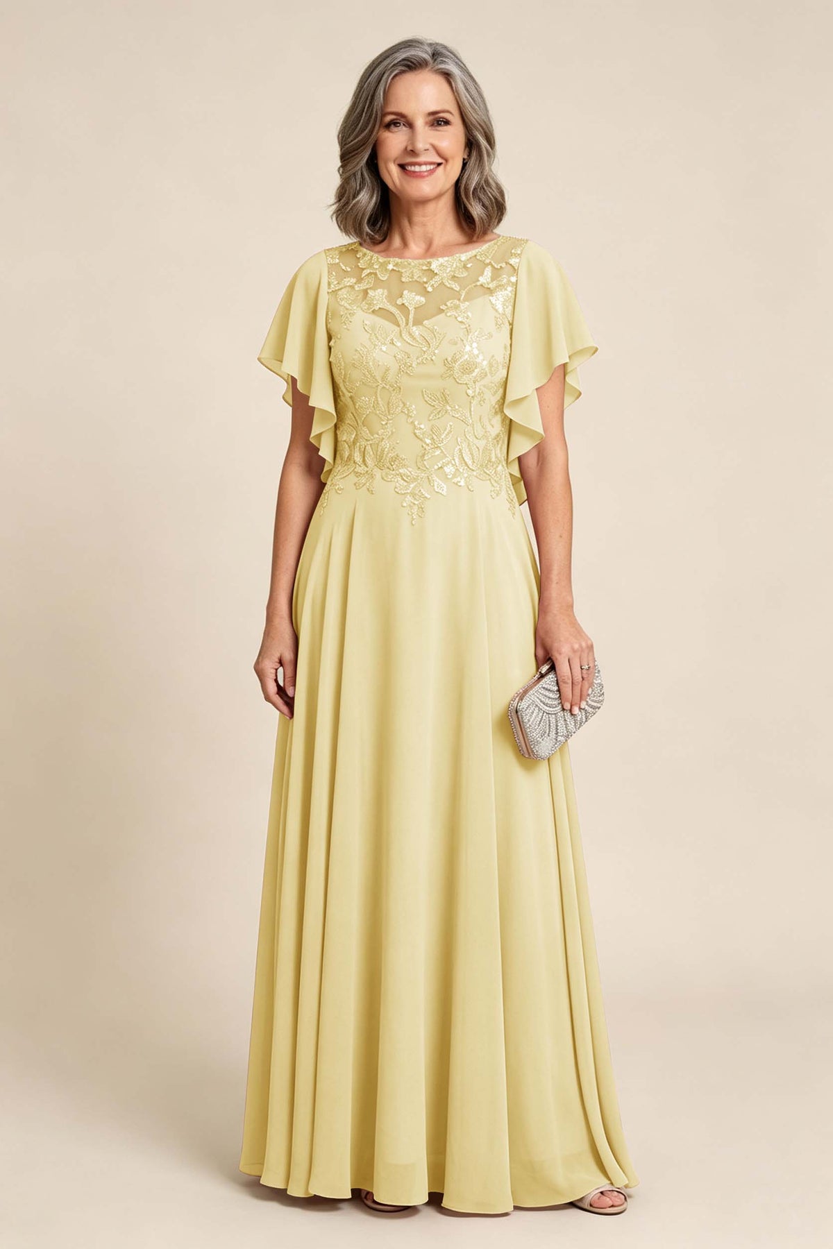 Lilac Scoop Neck Flutter Sleeve Lace Appliques Chiffon Mother Dresses