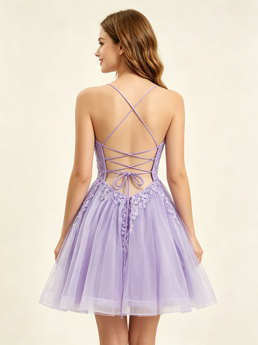 A Line Sequins Lilac Tulle Homecoming Dresses with Appliques