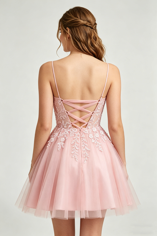 A Line Spaghetti Straps Pink Tulle Homecoming Dresses With Sequins