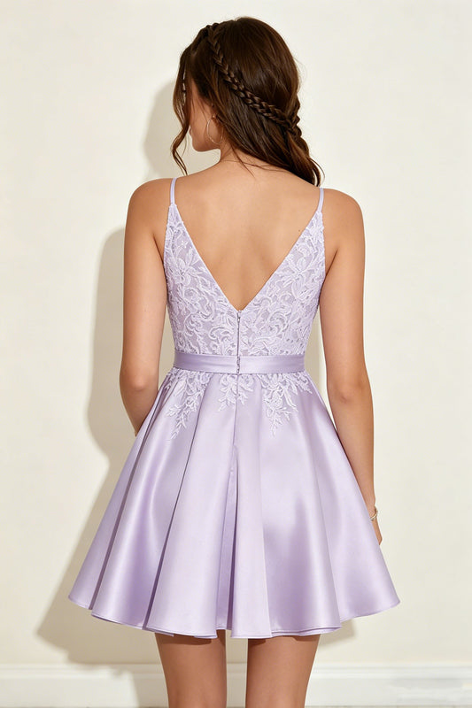 Lavender Spaghetti Straps Stretch Satin Homecoming Dresses with Appliques