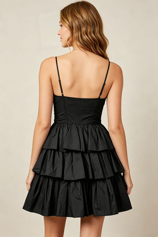 Spaghetti Straps Black Taffeta Tiered Mini Homecoming Dresses