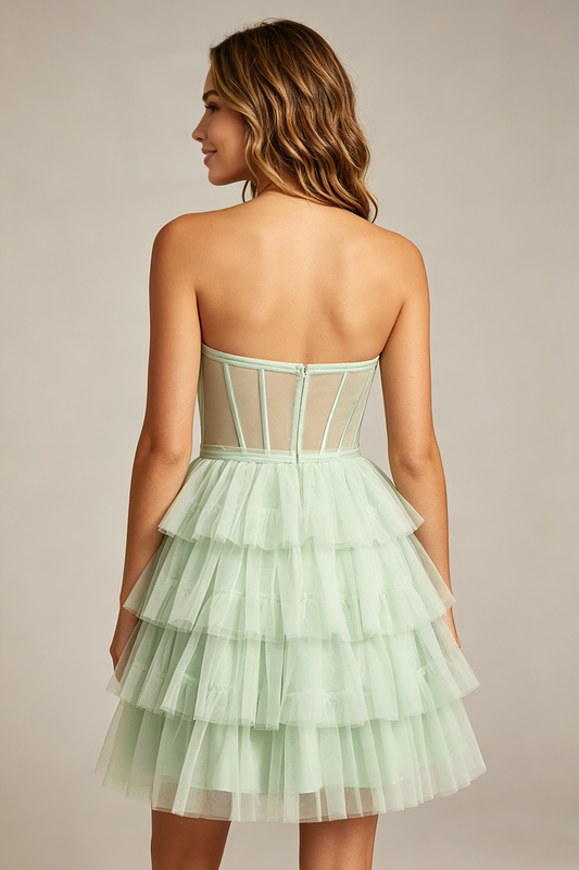 Trägerloses mintgrünes Tüll-Heimkehrkleid mit gestuftem Rock und Illusion-Korsett