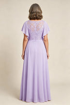 Lilac Scoop Neck Flutter Sleeve Lace Appliques Chiffon Mother Dresses