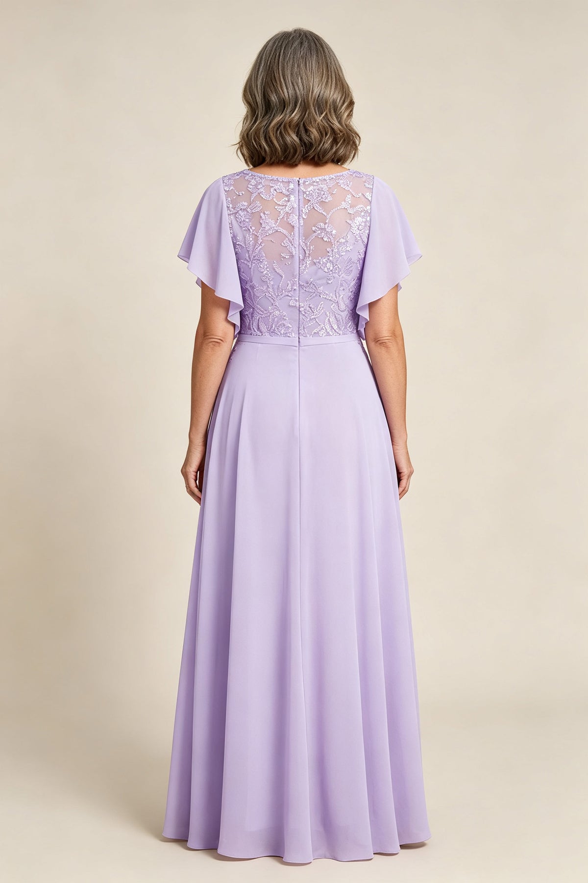 Lilac Scoop Neck Flutter Sleeve Lace Appliques Chiffon Mother Dresses