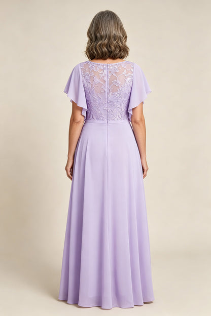 Lilac Scoop Neck Flutter Sleeve Lace Appliques Chiffon Mother Dresses