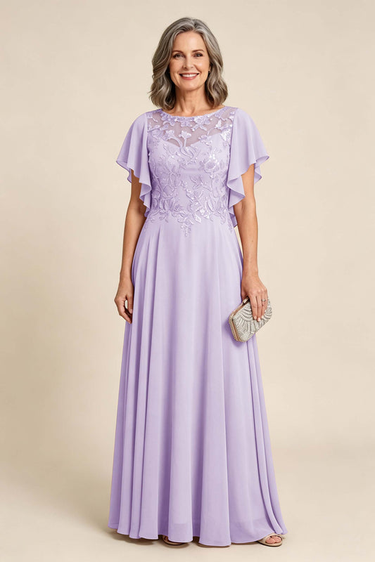 Lilac Scoop Neck Flutter Sleeve Lace Appliques Chiffon Mother Dresses