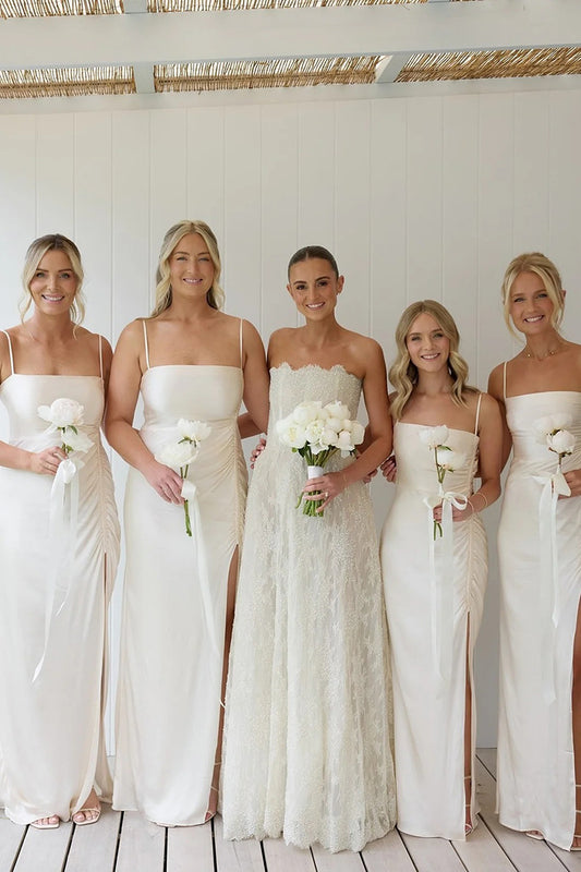Spaghetti Straps Ivory Satin Ruched Bridesmaid Dresses with Slit