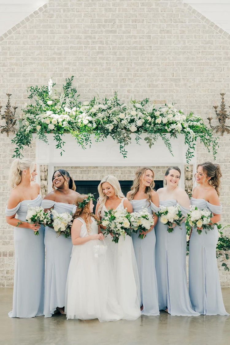 Off Shoulder Light Blue Chiffon Mermaid Bridesmaid Dresses with Slit