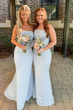 Strapless Light Blue Long Pleated Satin Mermaid Bridesmaid Dresses