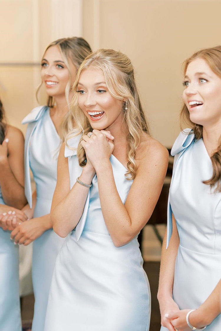 One Shoulder Pearl Pink Satin Mermaid Bridesmaid Dresses with Bow