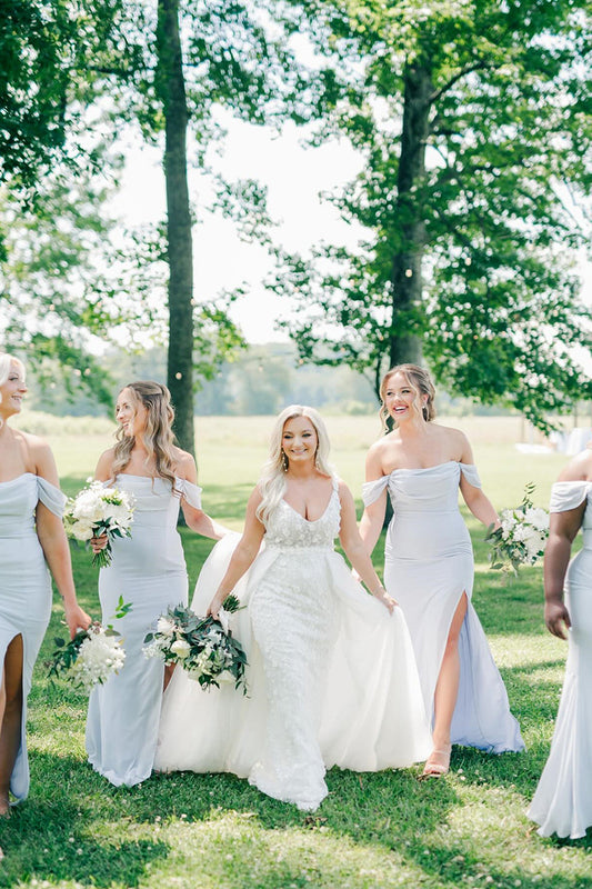 Off Shoulder Light Blue Chiffon Mermaid Bridesmaid Dresses with Slit