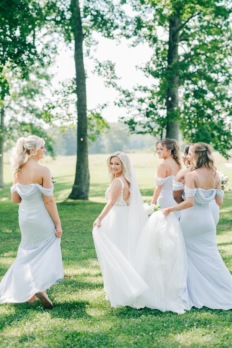 Off Shoulder Light Blue Chiffon Mermaid Bridesmaid Dresses with Slit