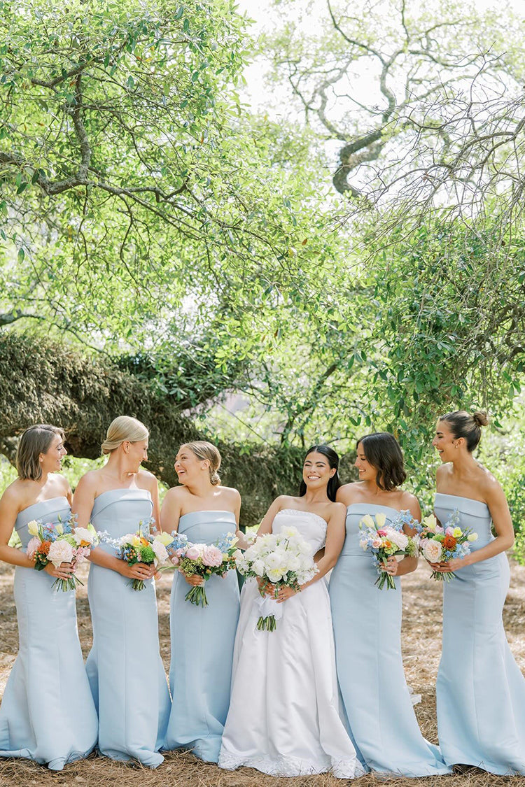 Strapless Light Blue Long Pleated Satin Mermaid Bridesmaid Dresses