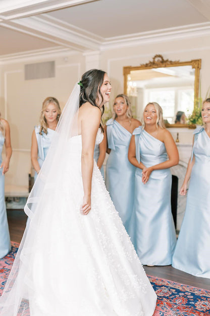 One Shoulder Pearl Pink Satin Mermaid Bridesmaid Dresses with Bow