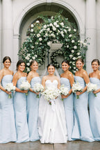 Strapless Light Blue Long Pleated Satin Mermaid Bridesmaid Dresses