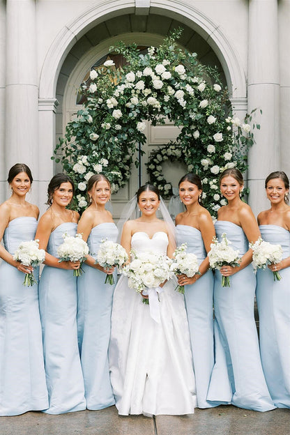 Strapless Light Blue Long Pleated Satin Mermaid Bridesmaid Dresses