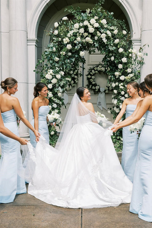 Strapless Light Blue Long Pleated Satin Mermaid Bridesmaid Dresses