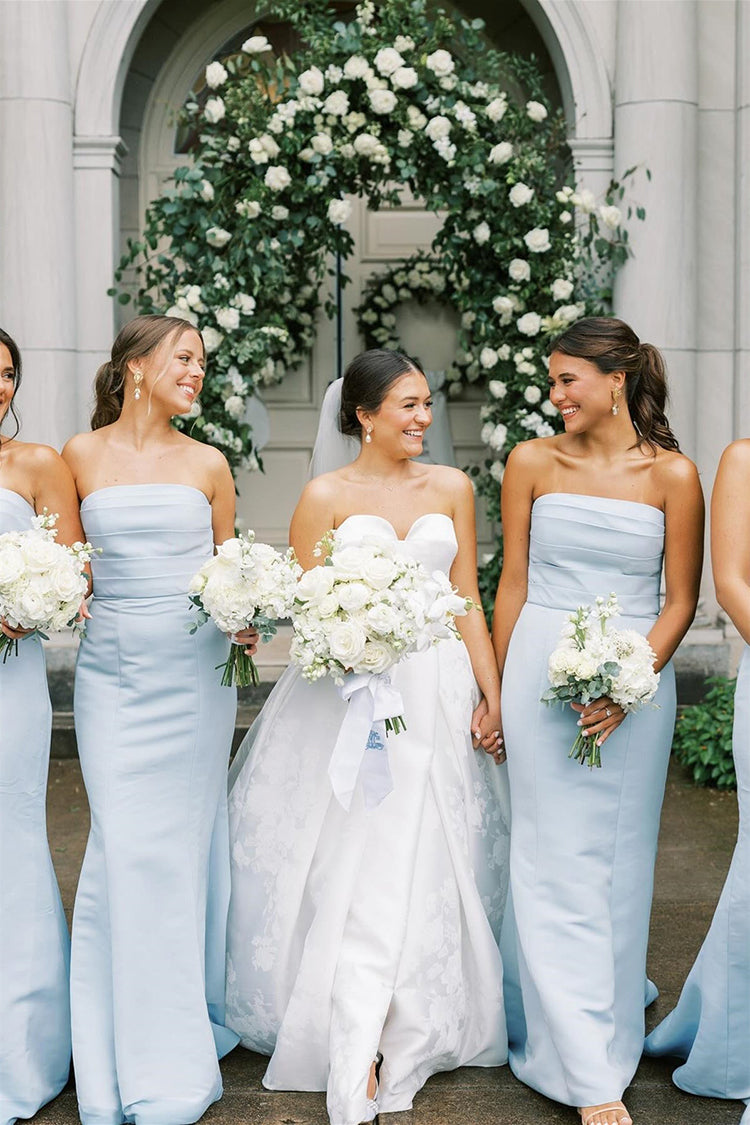 Strapless Light Blue Long Pleated Satin Mermaid Bridesmaid Dresses