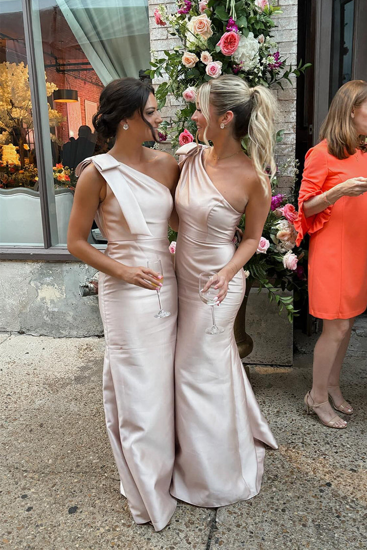 One Shoulder Pearl Pink Satin Mermaid Bridesmaid Dresses with Bow