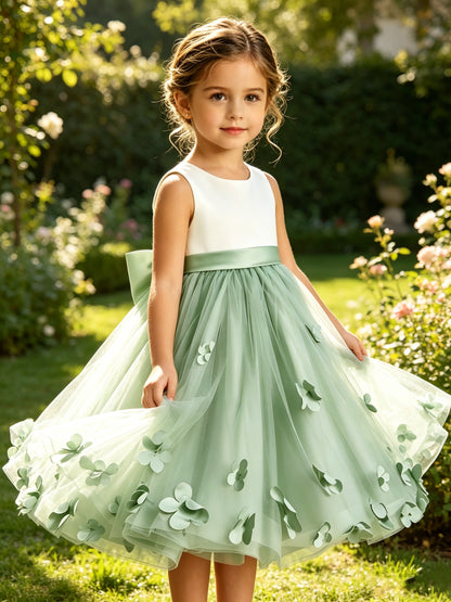 Sage Green Tulle A-Line Flower Girl Dress with Floral Appliques & Big Back Bow
