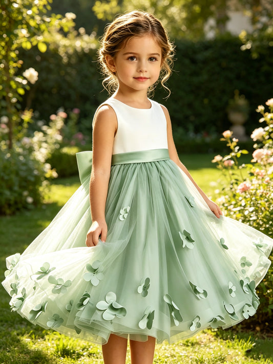 Sage Green Tulle A-Line Flower Girl Dress with Floral Appliques & Big Back Bow