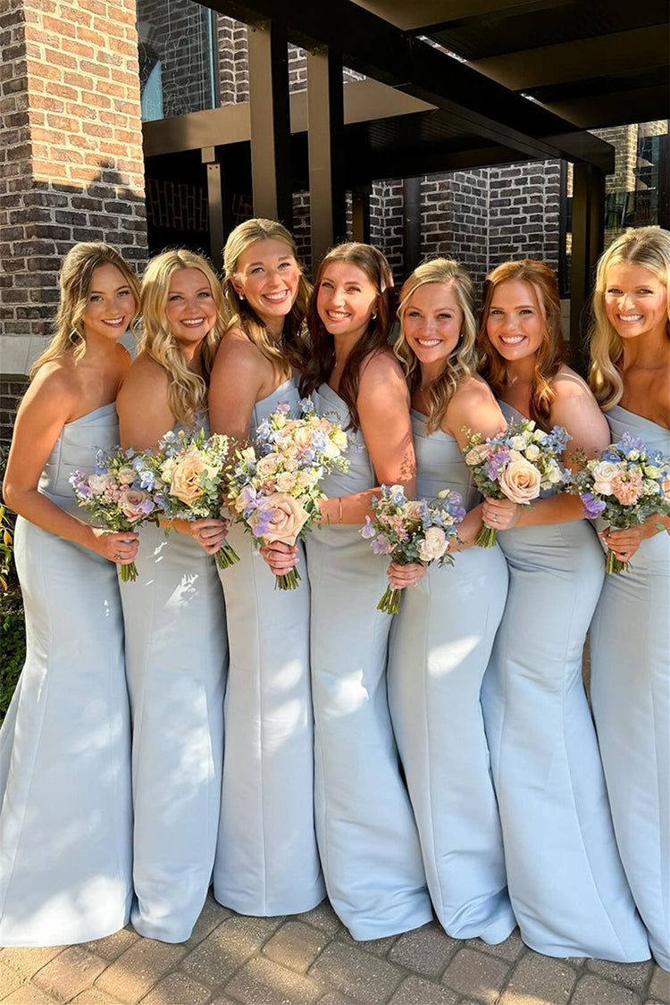 Strapless Light Blue Long Pleated Satin Mermaid Bridesmaid Dresses