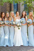 Strapless Light Blue Long Pleated Satin Mermaid Bridesmaid Dresses