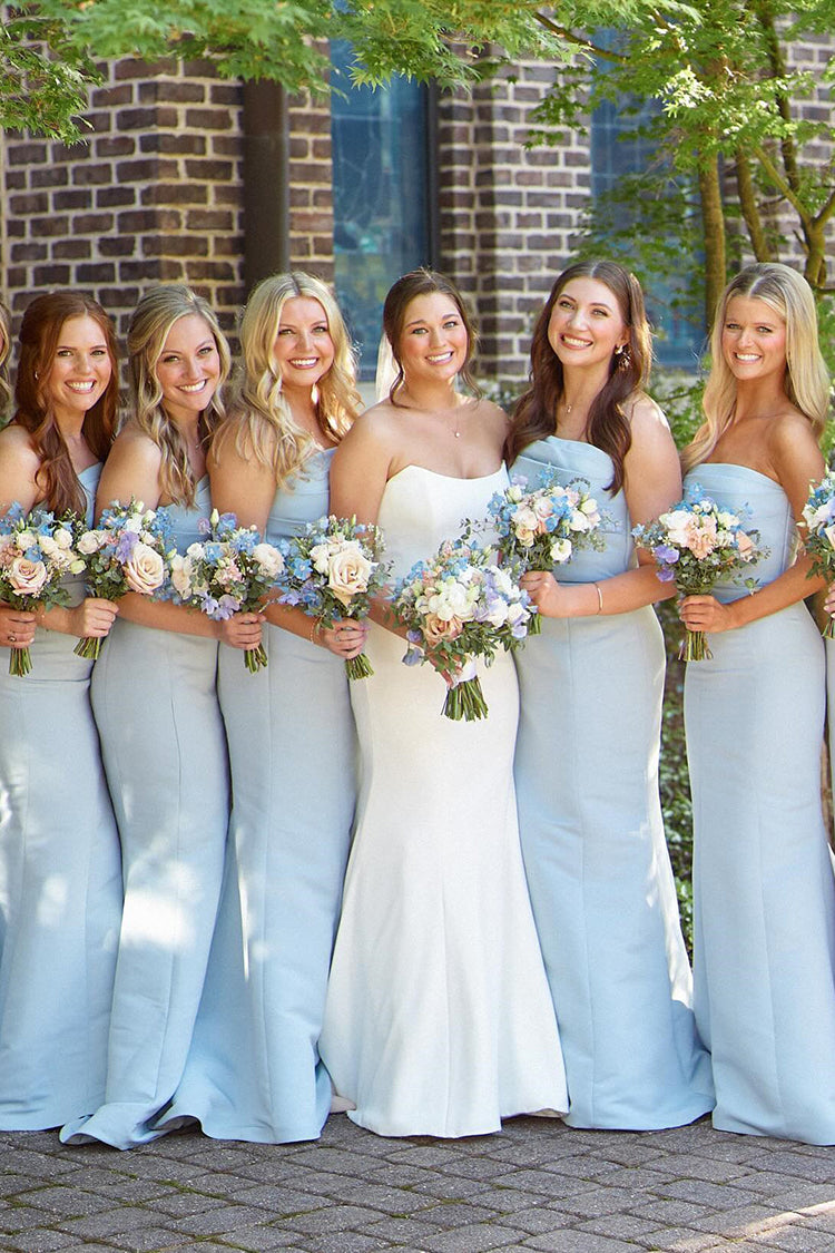 Strapless Light Blue Long Pleated Satin Mermaid Bridesmaid Dresses