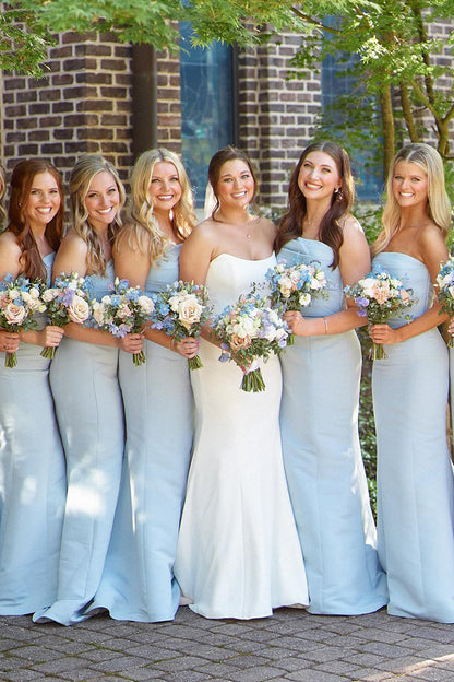 Strapless Light Blue Long Pleated Satin Mermaid Bridesmaid Dresses