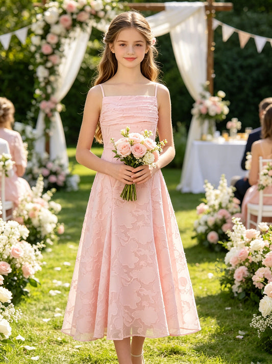Elegant Pink Floral Jacquard A-Line Flower Girl Dress with Spaghetti Straps