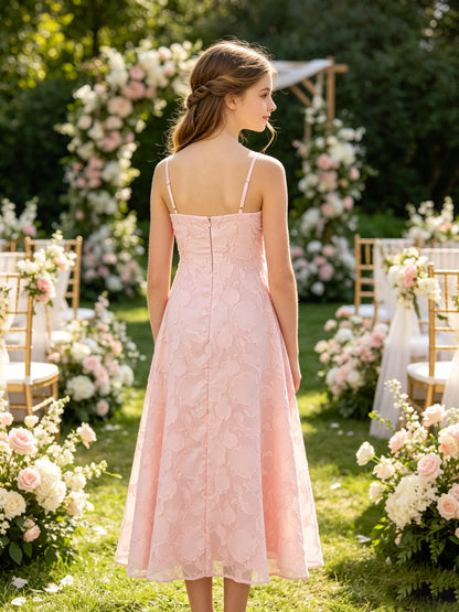 Elegant Pink Floral Jacquard A-Line Flower Girl Dress with Spaghetti Straps