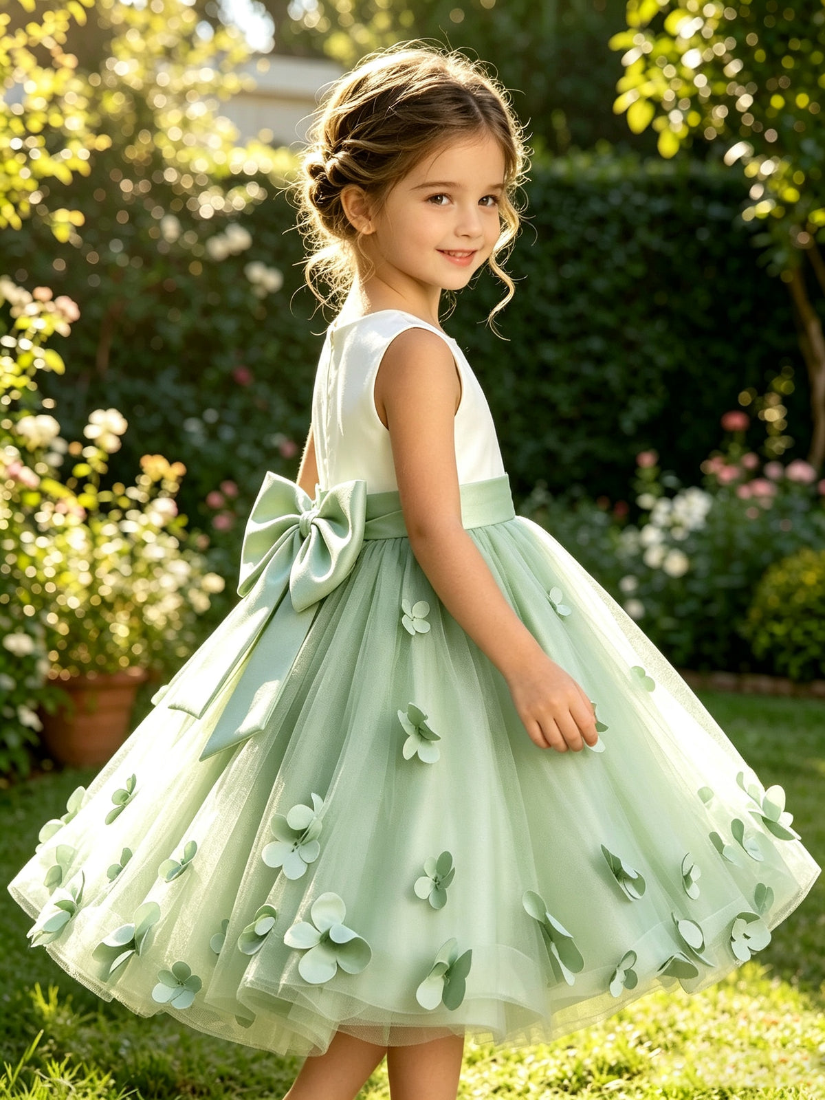 Sage Green Tulle A-Line Flower Girl Dress with Floral Appliques & Big Back Bow